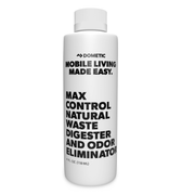 White bottle of Dometic MAX control tank treatment with black text on a white background