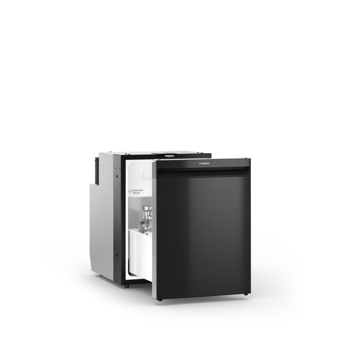An open Dometic NRXD pull-out refrigerator in dark silver