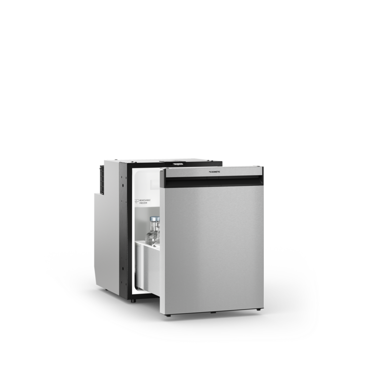 Stainless steel Dometic NRXD refrigerator with open door on a white background