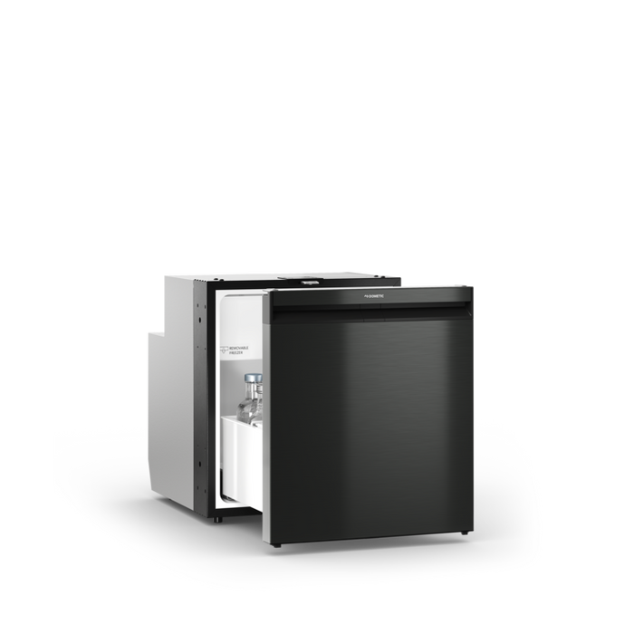 Black refrigerator with open door on a white background