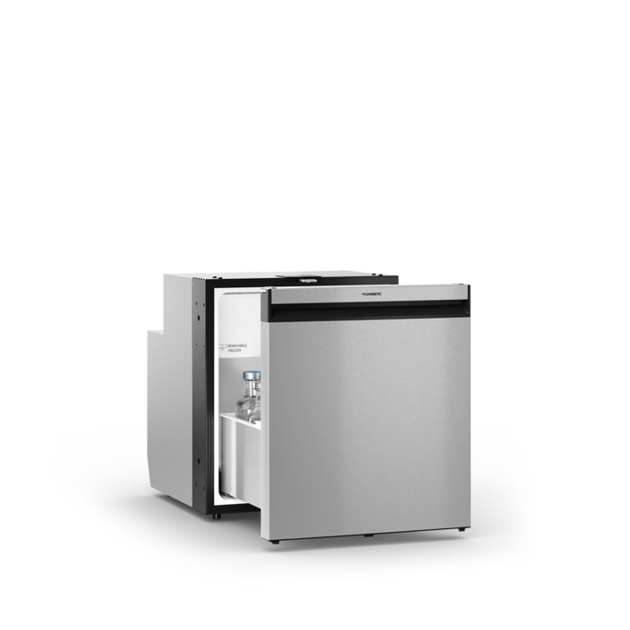 Stainless steel refrigerator with open door on a white background
