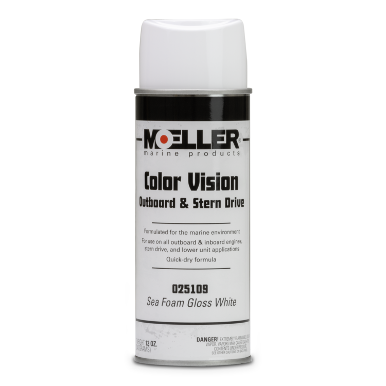 A can of Moeller marine spray paint in gloss white on a white background