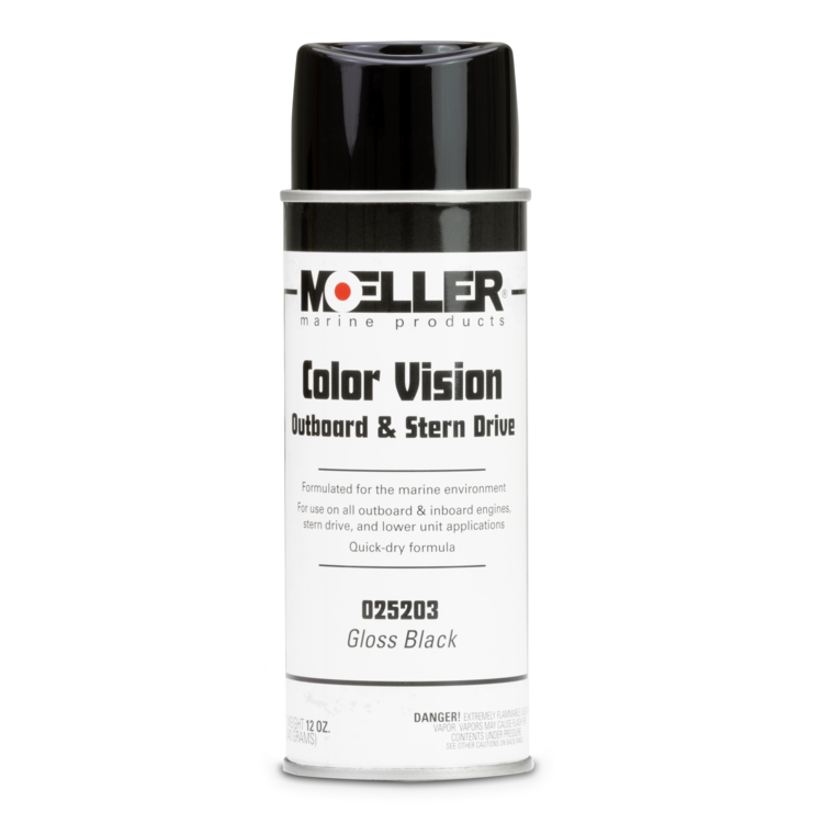 Moeller spray paint can in gloss black for outboard and stern drive applications on a white background