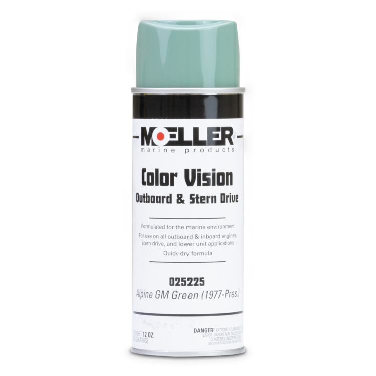 Moeller spray paint can in General Motors Green for outboard and stern drive marine products on a white background