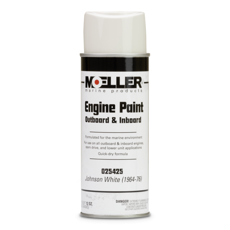 A can of Moeller's Johnson/OMC white Engine paint for outboard and inboard engines on a white background