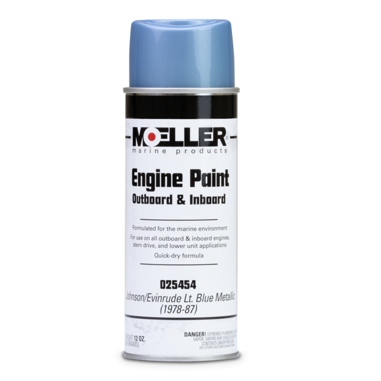 A can of Moeller marine engine paint in Johnson/Evinrude blue metallic on a white background