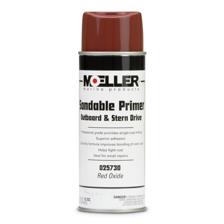 Moeller sandable primer can with red oxide color on a white background