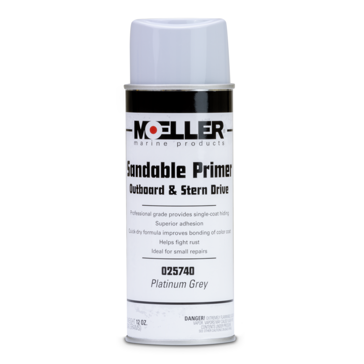 Moeller's platinum gray sandable primer can for outboard and stern drive marine products on a white background