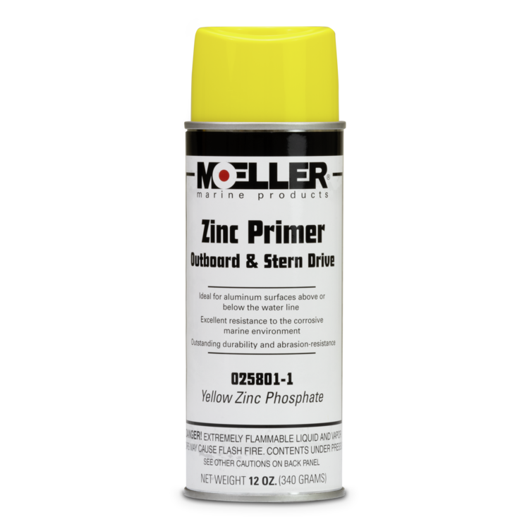 A can of Moeller Marine yellow zinc primer with yellow cap on a white background