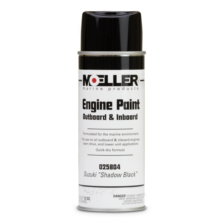 Moeller's Suzuki Shadow Black Engine Paint can for outboard and inboard engines on a white background