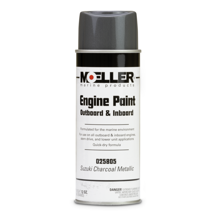 Moeller Engine Paint can in Suzuki Charcoal Metallic for outboard and inboard engines on a white background