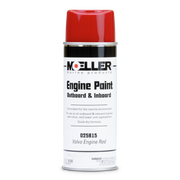 Can of Moeller Engine Paint in Volvo Engine Red with red cap on a white background