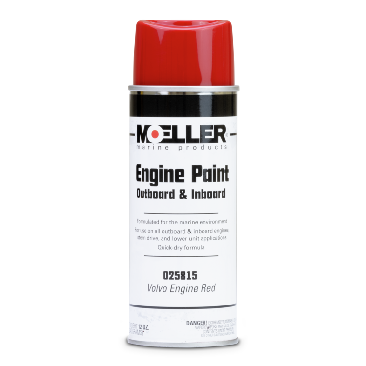 Can of Moeller Engine Paint in Volvo Engine Red with red cap on a white background