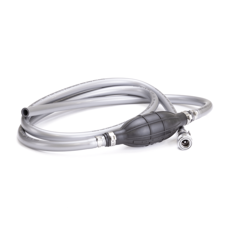A gray fuel line connected to a black primer bulb on a white background