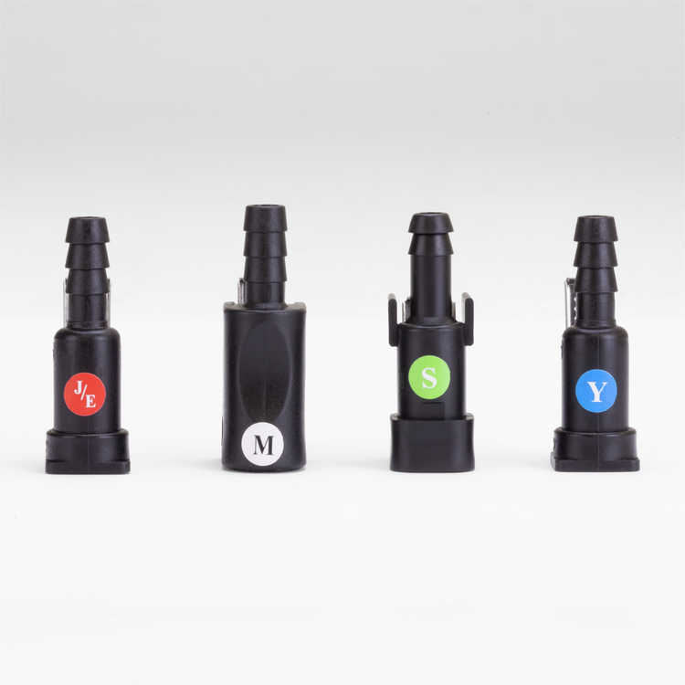 Four black Moeller fuel connectors on a white background