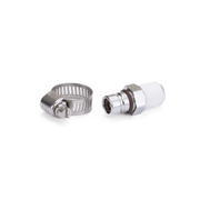 A metal fuel line hose clamp and fuel connector on a white background