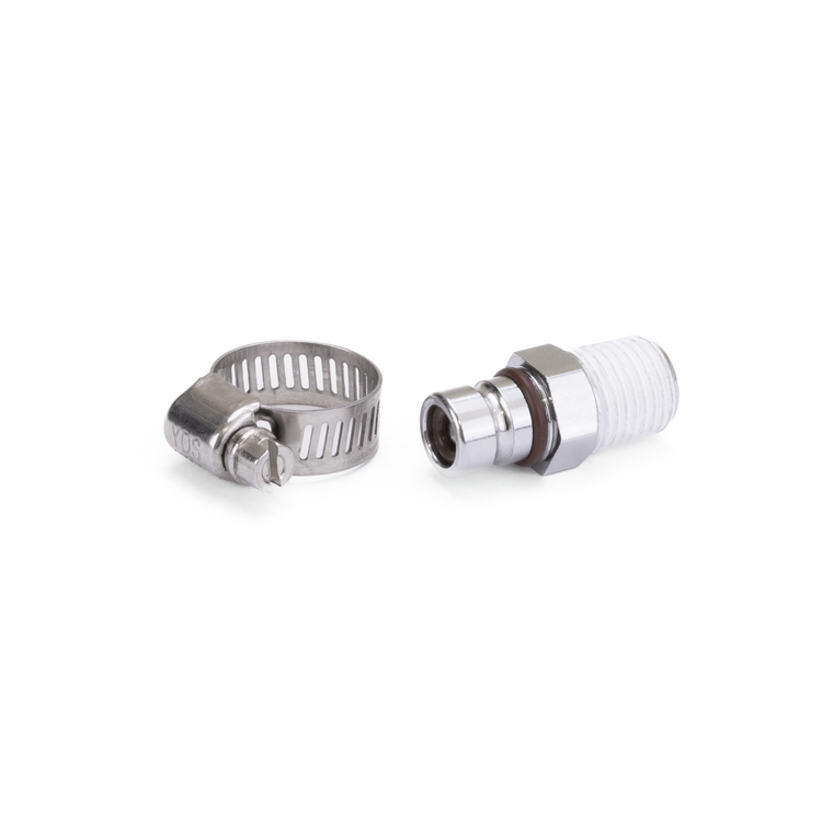 A metal fuel line hose clamp and fuel connector on a white background