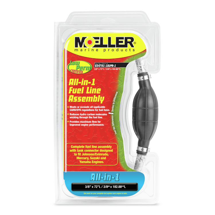 A Moeller branded universal fuel line assembly in clamshell style packaging on a white background