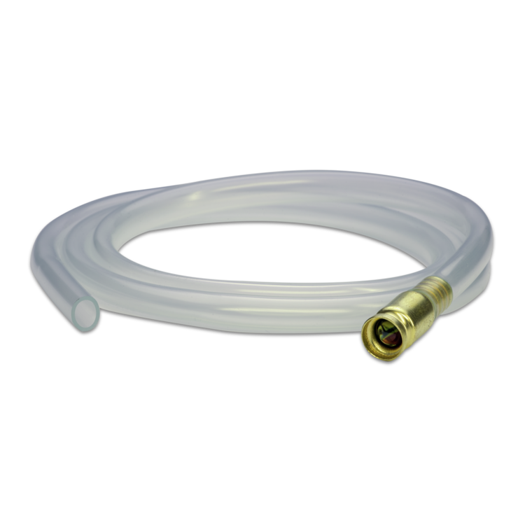 A clear siphon hose with a brass colored tip on a white background