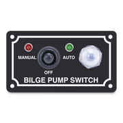 Bilge pump switch panel with manual, auto, and off options on a white background