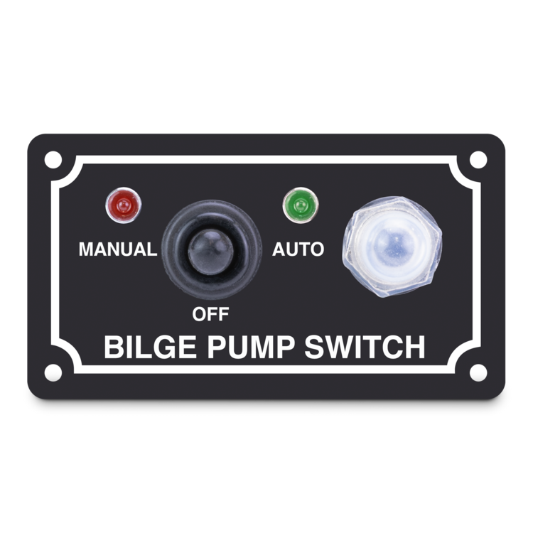 Bilge pump switch panel with manual, auto, and off options on a white background