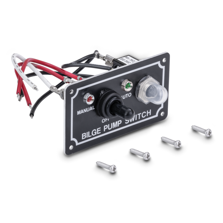 Sierra Bilge pump switch panel with wiring and screws on a white background