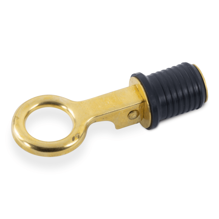 Brass and rubber drain plug on a white background