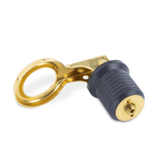 Brass and black rubber snap drain plug on a white background