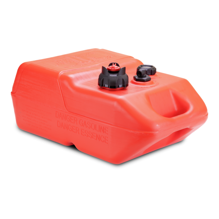A red 6 gallon Moeller marine portable fuel tank on a white background