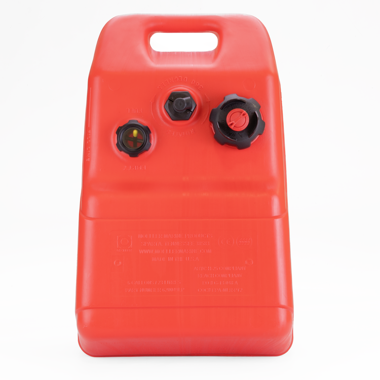 Top view of a red portable fuel tank on a white background
