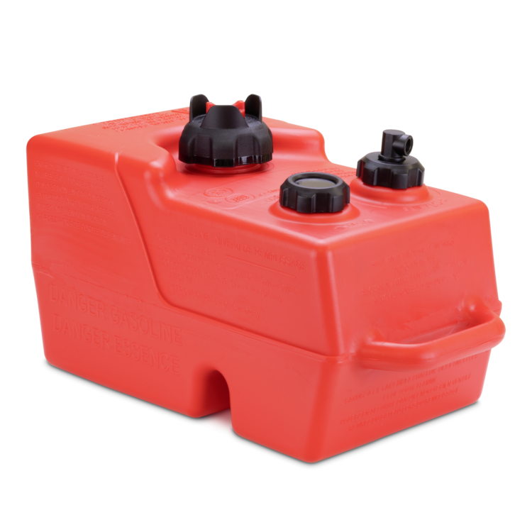 A red 3 gallon Moeller marine fuel tank on a white background
