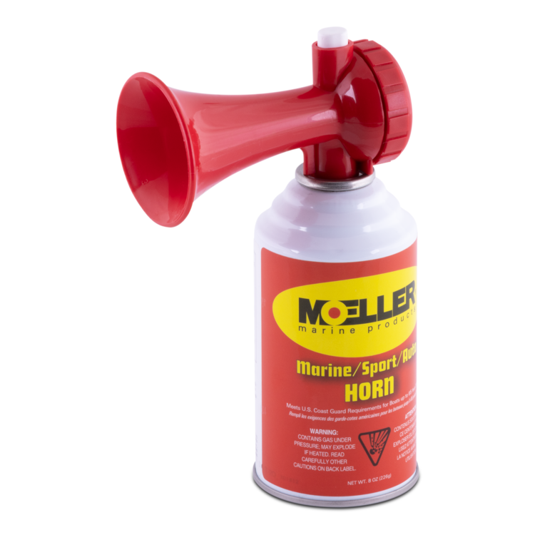 Red and white marine horn with Moller logo on a white background