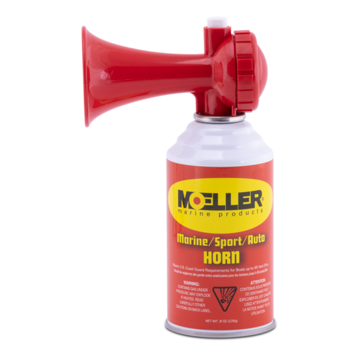 Red and white horn with Moeller Marine Products label on a white background
