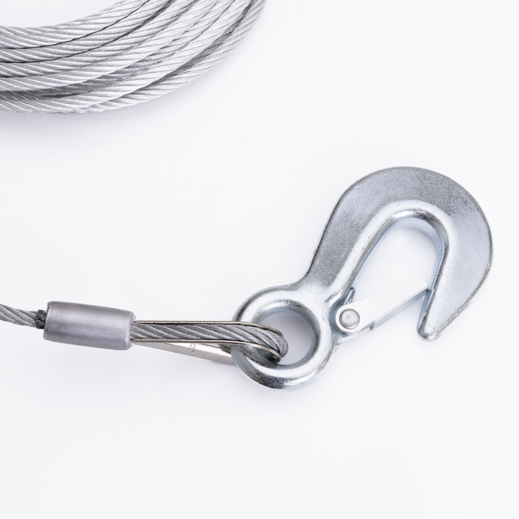 Metal hook with coiled cable on a white background