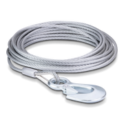 Coiled winch cable with a metal hook on a white background