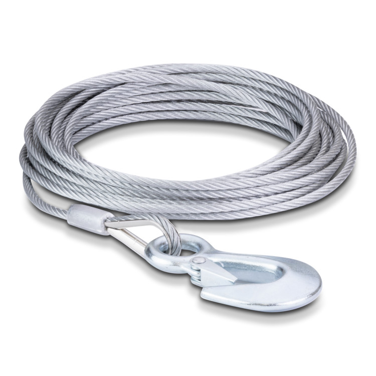 Coiled winch cable with a metal hook on a white background