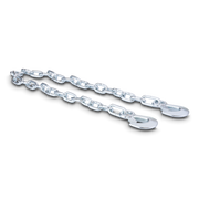 Silver trailer safety chain with links and hooks on each end on a white background