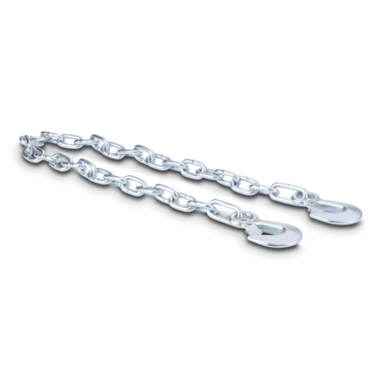Silver trailer safety chain with links and hooks on each end on a white background