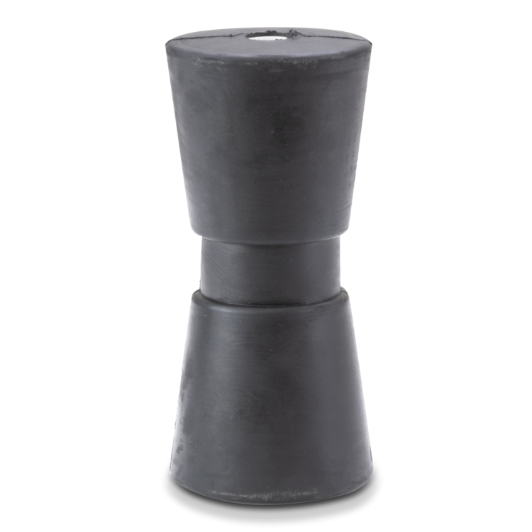 Black Sierra trailer keel roller standing up on its end on a white background