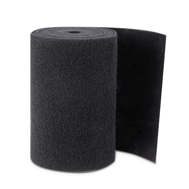 Roll of gray trailer bunk carpet material on a white background