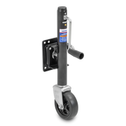 Black Sierra trailer jack with a single wheel on a white background