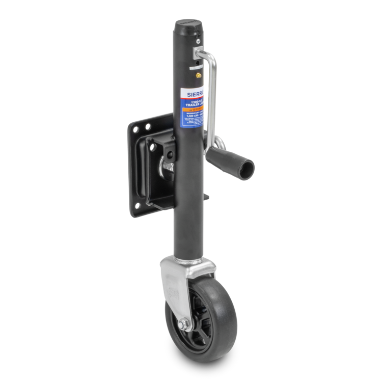 Black Sierra trailer jack with a single wheel on a white background