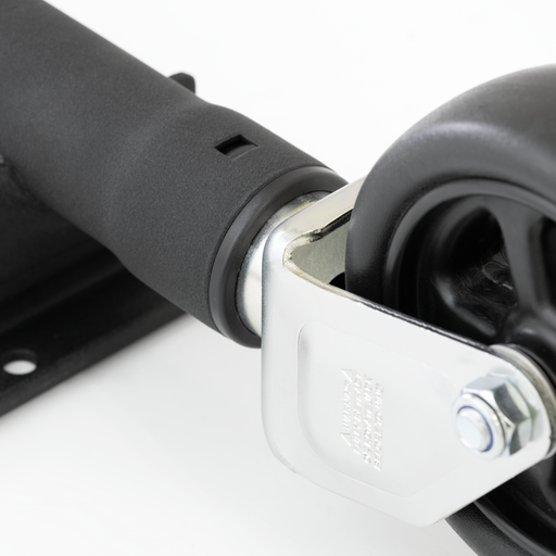 Close-up of a Sierra trailer jack tube bushing and wheel on a white background