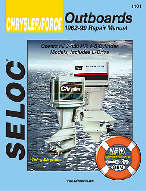 Manual cover for Chrysler/Force outboard motors repair manual with a motor image on a blue background.