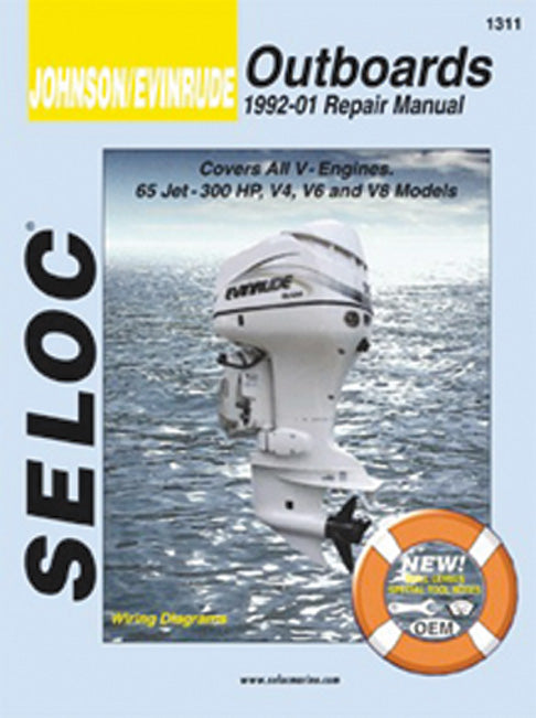 Seloc Johnson/Evinrude Outboards repair manual cover with outboard motor and water background