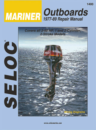 Mariner Outboards repair manual cover with outboard motor image on a blue background