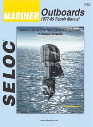 Mariner Outboards repair manual cover with outboard motor illustration on a light blue background