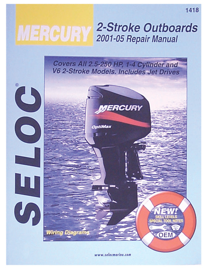 Mercury 2-Stroke Outboards repair manual cover with an outboard motor on a blue background