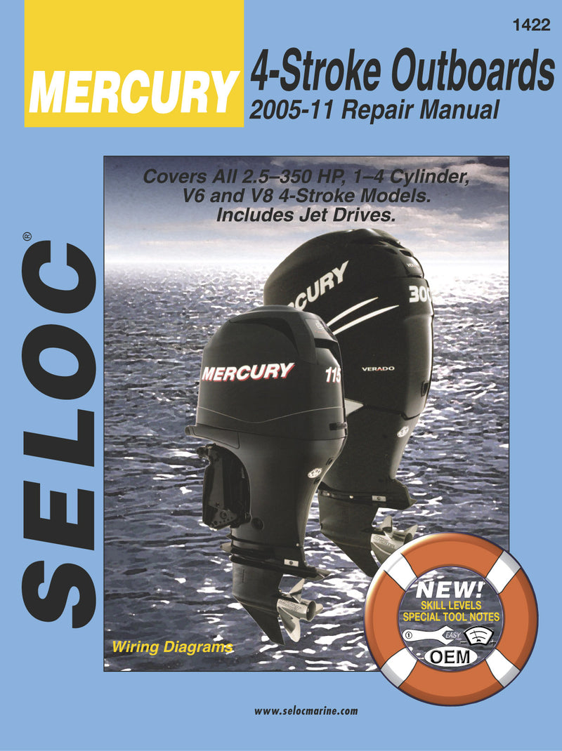 Mercury 4-Stroke Outboards repair manual cover with two outboard motors on a blue water background