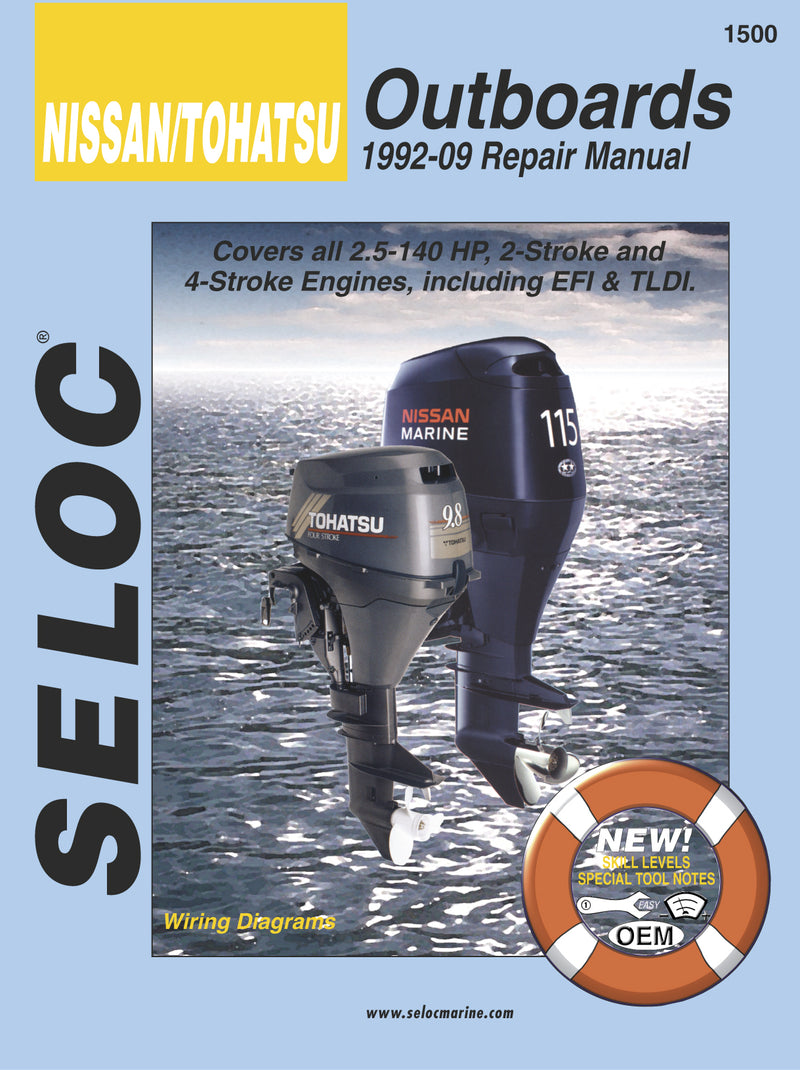 Cover of Seloc Nissan/Tohatsu Outboards Repair Manual with two outboard motors on a blue background.